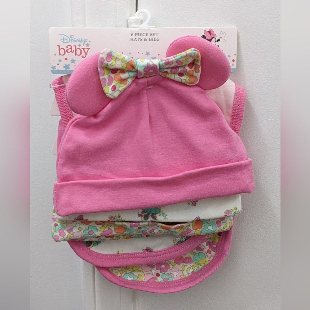 Disney Baby Minnie Mouse Baby Girl Hats & Bibs, 6 Piece Set, New With Tag